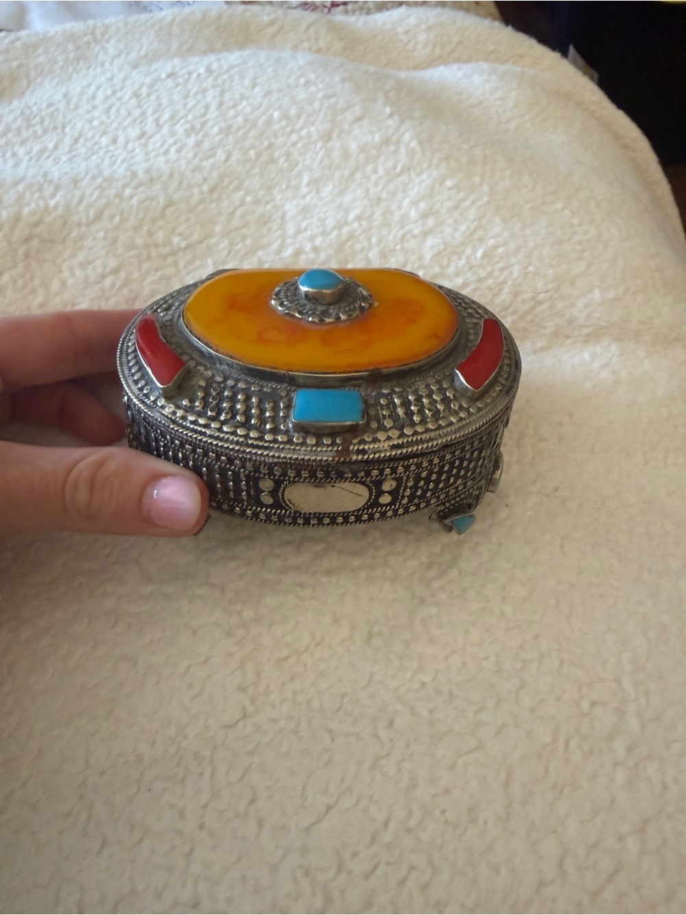 Vintage silver-tone trinket box with yellow, turquoise and red stones